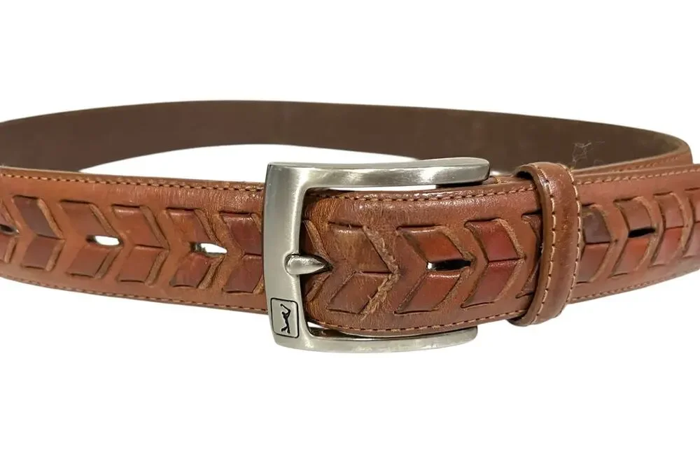PGA Tour Golf Belt Woven Leather Tan Brown Men’s Size 32 Silver Tone Buckle